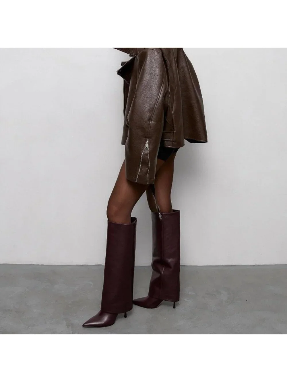 Women's Burgundy Pu Stiletto Heel Pointed Toe Chic Fold Over Knee High Boots